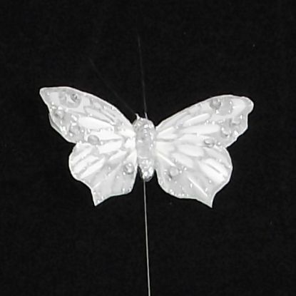 Picture of 7cm FEATHER BUTTERFLY WITH PEARLS ON 20cm WIRE IVORY/SILVER X 12pcs