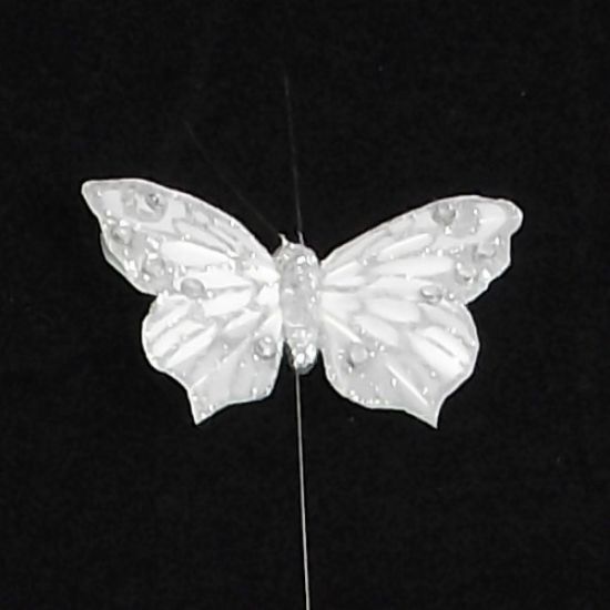 Picture of 7cm FEATHER BUTTERFLY WITH PEARLS ON 20cm WIRE IVORY/SILVER X 12pcs