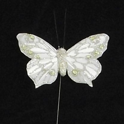Picture of 7cm FEATHER BUTTERFLY WITH PEARLS ON 20cm WIRE PLATINUM X 12pcs