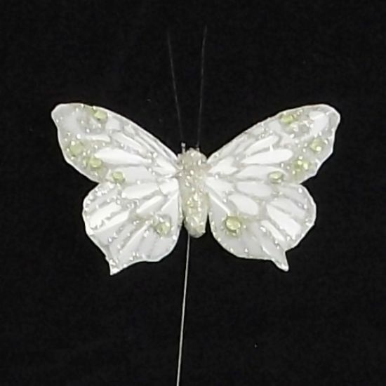Picture of 7cm FEATHER BUTTERFLY WITH PEARLS ON 20cm WIRE PLATINUM X 12pcs
