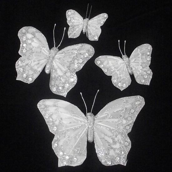 Picture of 5cm FEATHER BUTTERFLY ON 20cm WIRE IVORY/SILVER X 24pcs
