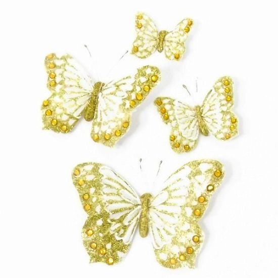 Picture of 5cm FEATHER BUTTERFLY ON 20cm WIRE IVORY/GOLD X 24pcs