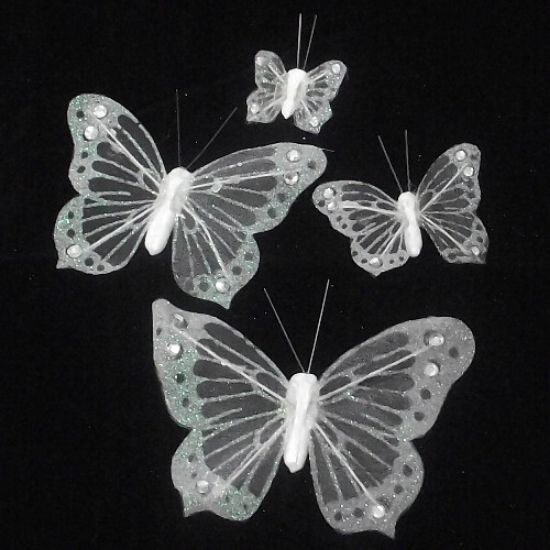 Picture of 4cm ORGANZA BUTTERFLY ON 20cm WIRE WHITE X 24pcs