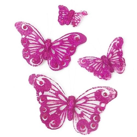 Picture of 4cm ORGANZA BUTTERFLY ON 20cm WIRE CERISE X 24pcs