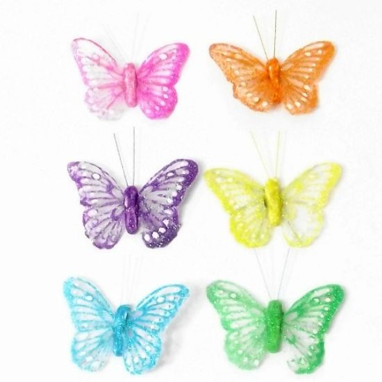 Picture of 7cm ORGANZA BUTTERFLY ON 20cm WIRE ASSORTED X 12pcs