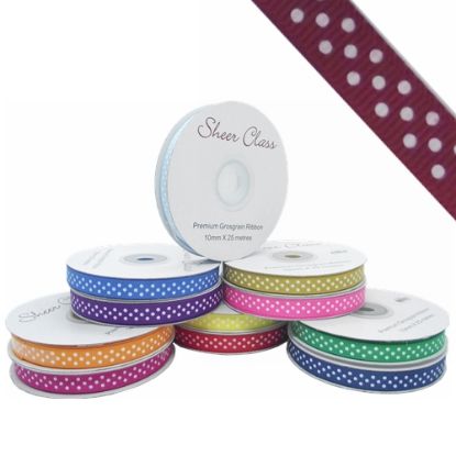 Picture of GROSGRAIN RIBBON DOTTY WHITE 10mm X 25met BURGUNDY