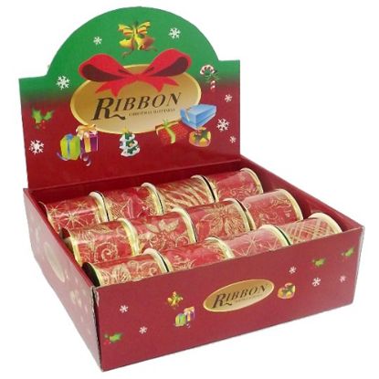 Picture of CHRISTMAS ORGANZA WIRED EDGE RIBBON 63mm X 10yds RED/GOLD ASSORTED PATTERNS X 20pcs