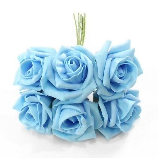 Picture of PRINCESS COLOURFAST FOAM ROSE BUNCH OF 6 LIGHT BLUE