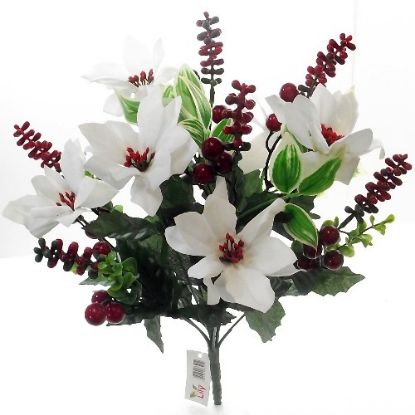 Picture of 40cm VELVET POINSETTIA AND EUCALYPTUS MANY BERRY MIXED BUSH WHITE