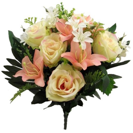 Picture of 40cm ROSE AND LILY MIXED BUSH WITH FOLIAGE PEACH/CREAM