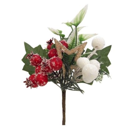 Picture of 21cm XMAS PICK WITH BERRIES FOLIAGE AND WOODEN STAR RED/WHITE