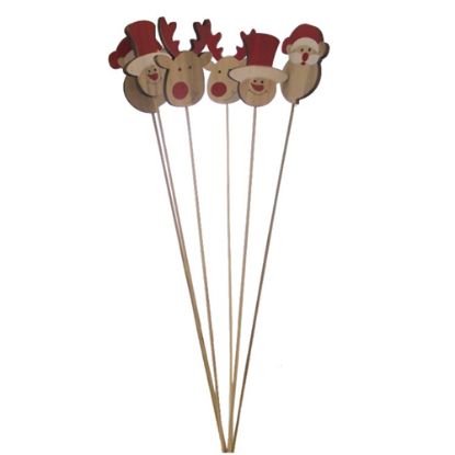 Picture of CHRISTMAS WOODEN CHARACTERS ON 50cm WOODEN STICK NATURAL/RED ASSORTED x 6pcs