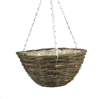 Picture of BLACK RATTAN ROUND PLASTIC LINED HANGING BASKET 14 INCH