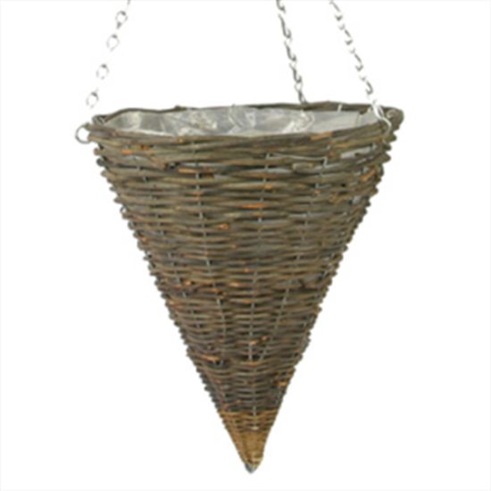 Picture of BLACK RATTAN CONE PLASTIC LINED HANGING BASKET 14 INCH