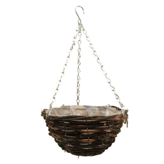 Picture of BLACK RATTAN ROUND PLASTIC LINED HANGING BASKET 10 INCH
