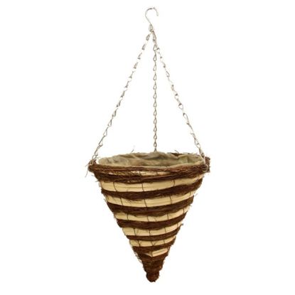 Picture of SPLIT BAMBOO AND TWIG STRIPED CONE PLASTIC LINED HANGING BASKET 12 INCH