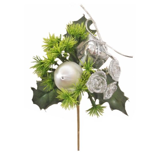 Picture of XMAS ROSE PARCEL AND BALL PICK ON 50cm WOODEN STICK SILVER X 10pcs