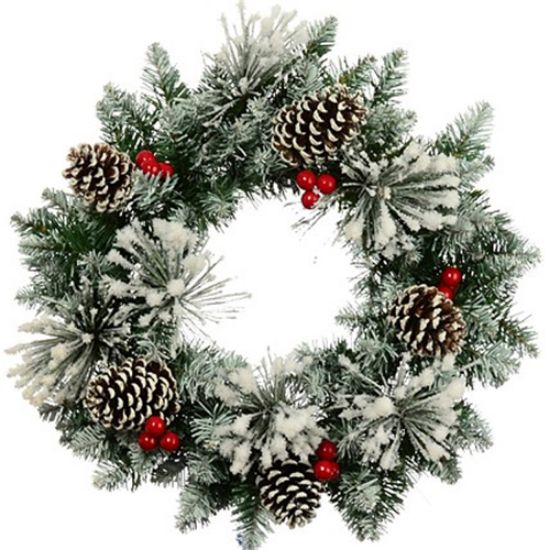 Picture of 50cm (20 INCH) SNOWY CHRISTMAS SPRUCE AND PINE WREATH WITH CONES AND BERRIES GREEN/RED