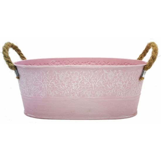 Picture of 25cm METAL OVAL PLANTER WITH ROPE HANDLES PASTEL PINK