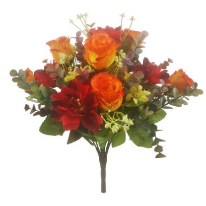 Picture of 40cm DAHLIA ROSEBUD AND EUCALYPTUS BUSH ORANGE/RED