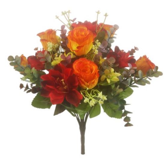 Picture of 40cm DAHLIA ROSEBUD AND EUCALYPTUS BUSH ORANGE/RED