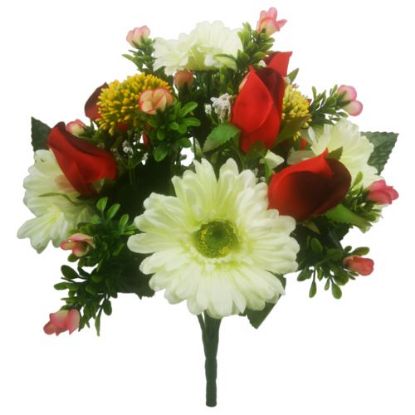 Picture of 35cm GERBERA ROSEBUD AND EUCALYPTUS BUSH IVORY/DARK RED/GREEN