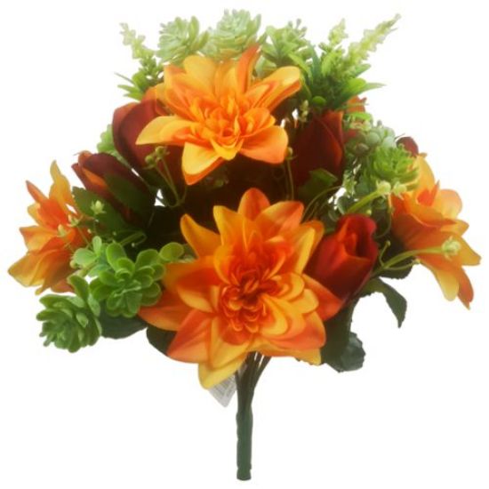 Picture of 40cm DAHLIA ROSEBUD AND SUCCULENT BUSH ORANGE/RED/GREEN