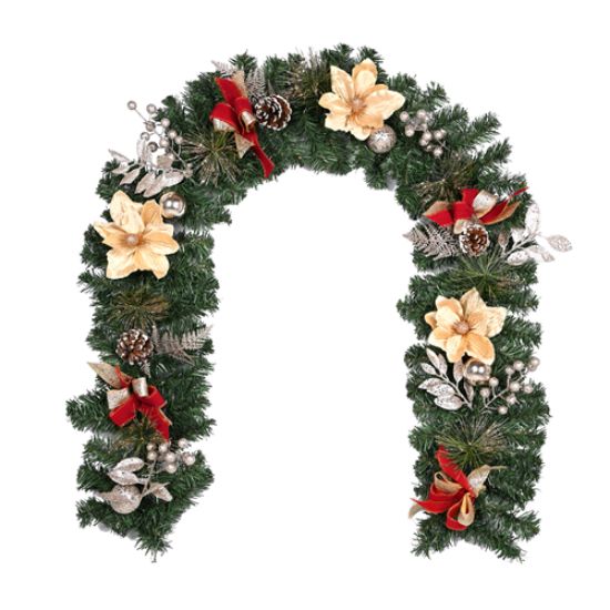 Picture of 183cm (72 INCH) MAGNOLIA BAUBLE AND FOLIAGE GARLAND WITH BOWS CHAMPAGNE/BURGUNDY