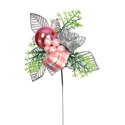 Picture of 23cm CHRISTMAS PICK WITH BAUBLE BERRIES CONE AND PARCEL PINK X 12pcs