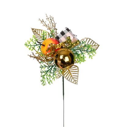 Picture of 23cm CHRISTMAS PICK WITH APPLE BAUBLE AND PARCEL GOLD X 12pcs