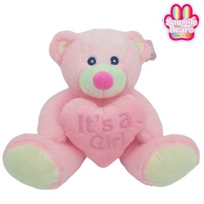 Picture of 28cm (11 INCH) SNUGGLE BEARS SITTING BABY BEAR WITH ITS A GIRL HEART PINK