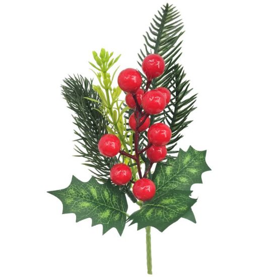 Picture of 25cm HOLLY, SPRUCE & BERRY PICK GREEN/RED X 12pcs
