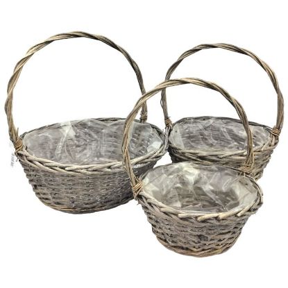 Picture of SET OF 3 ROUND HALF WILLOW PLANTING BASKETS (PLASTIC LINED) GREY WASHED