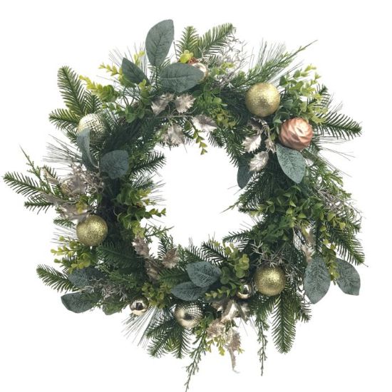 Picture of 60cm CHRISTMAS MIXED WREATH WITH BAUBLES GREEN/GOLD