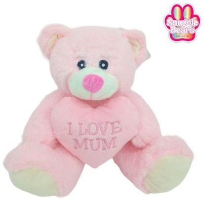 Picture of 20cm (8 INCH) SNUGGLE BEARS SITTING BEAR WITH I LOVE MUM HEART PINK