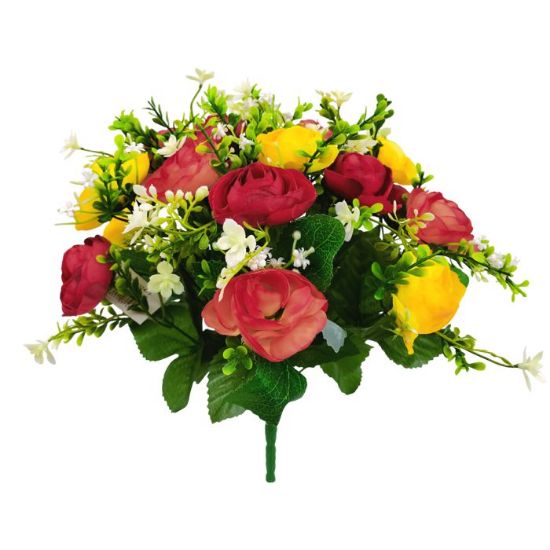 Picture of 34cm RANUNCULUS MIXED BUSH WITH FOLIAGE ORANGE/YELLOW/RED