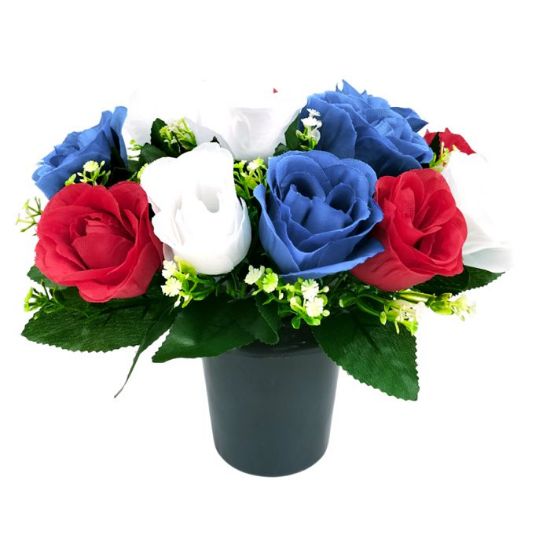 Picture of CEMETERY POT WITH ROSEBUDS AND GYP (12 HEADS) RED/WHITE/BLUE
