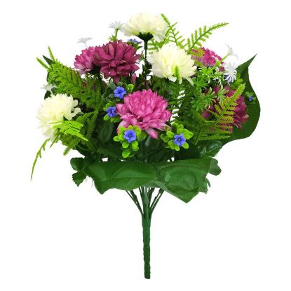 Picture of 37cm SPIKY MUM MIXED BUSH WITH FERN IVORY/CERISE/PURPLE