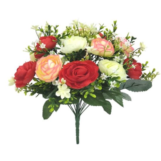 Picture of 34cm RANUNCULUS MIXED BUSH WITH FOLIAGE IVORY/PINK/RED