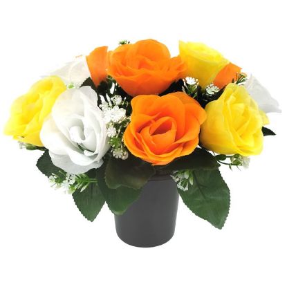 Picture of CEMETERY POT WITH ROSEBUDS AND GYP (12 HEADS) IVORY/YELLOW/ORANGE