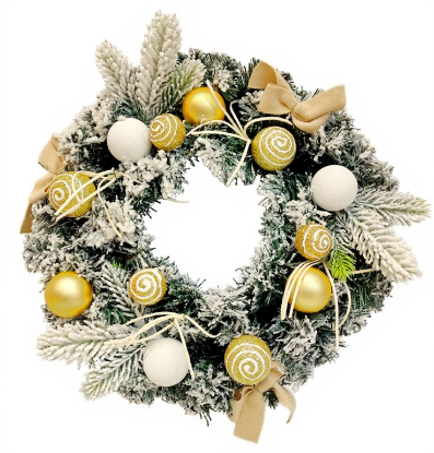 Picture of 40cm BAUBLE WREATH WITH BOWS GOLD/WHITE