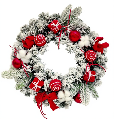 Picture of 40cm BAUBLE WREATH WITH BOWS RED/WHITE