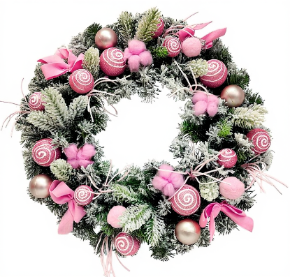 Picture of 50cm BAUBLE WREATH WITH BOWS PINK/WHITE