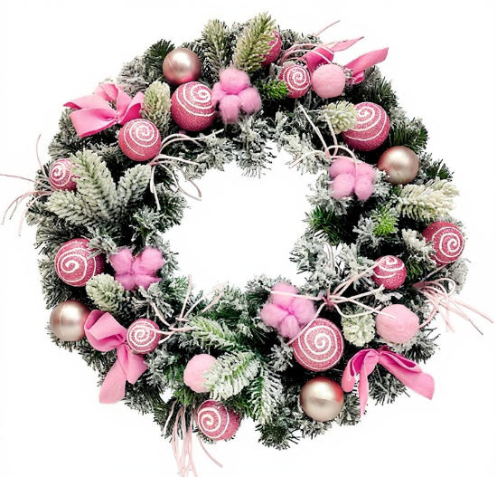 Picture of 50cm BAUBLE WREATH WITH BOWS PINK/WHITE