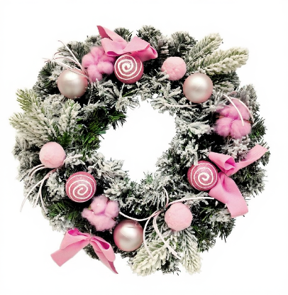 Picture of 40cm BAUBLE WREATH WITH BOWS PINK/WHITE