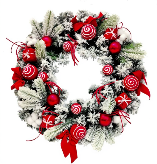 Picture of 50cm BAUBLE WREATH WITH BOWS RED/WHITE