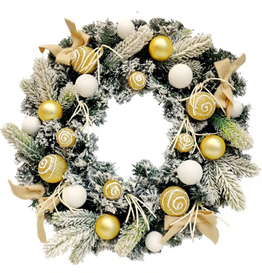 Picture of 50cm BAUBLE WREATH WITH BOWS GOLD/WHITE