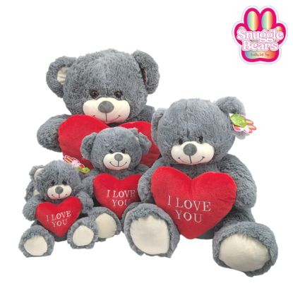 Picture of 38cm (15 INCH) SNUGGLE BEARS SITTING BEAR WITH RED I LOVE YOU EMBROIDERY HEART GREY