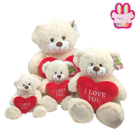 Picture of 38cm (15 INCH) SNUGGLE BEARS SITTING BEAR WITH RED I LOVE YOU EMBROIDERY HEART IVORY
