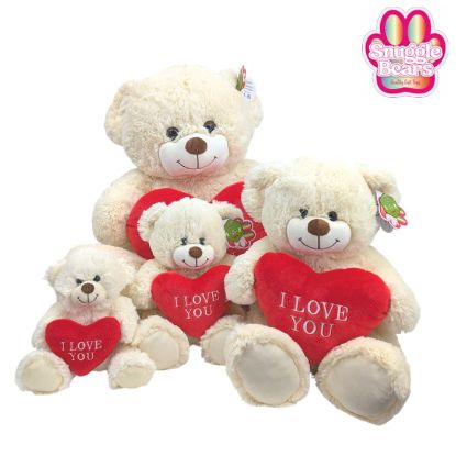 Picture of 28cm (11 INCH) SNUGGLE BEARS SITTING BEAR WITH RED I LOVE YOU EMBROIDERY HEART IVORY